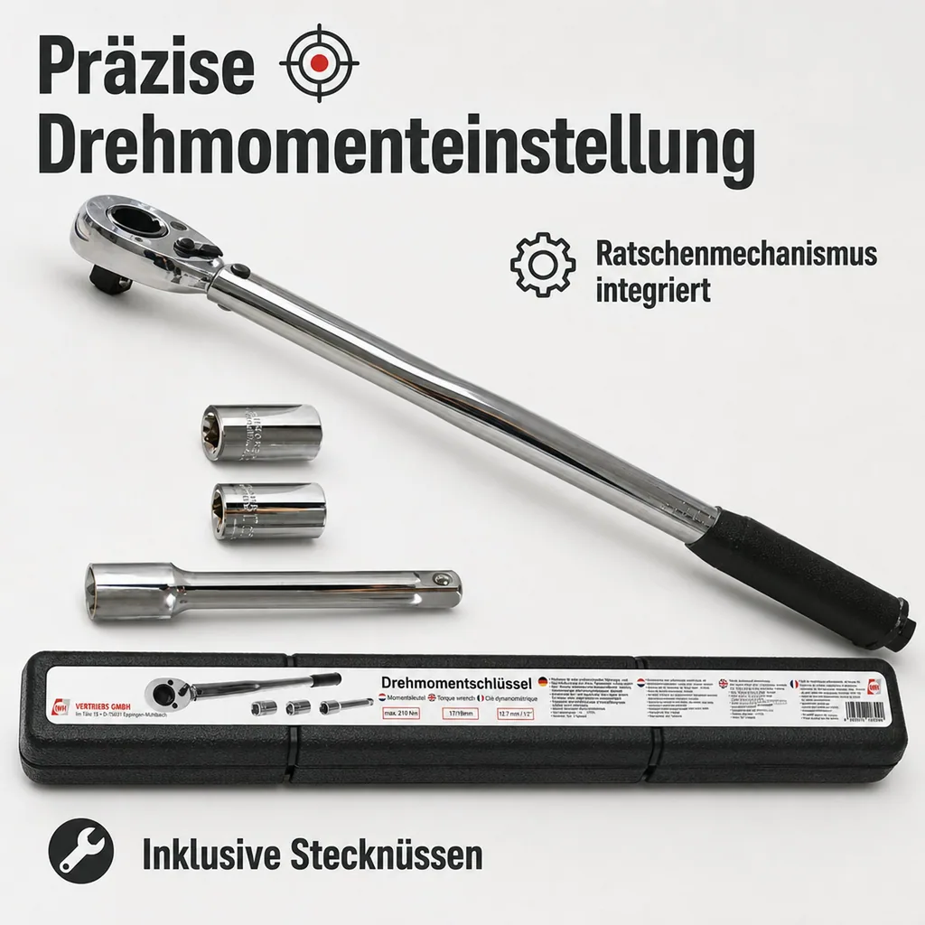 Drehmomentschlüssel mit Verlängerung und Nüssen 17/19 mm