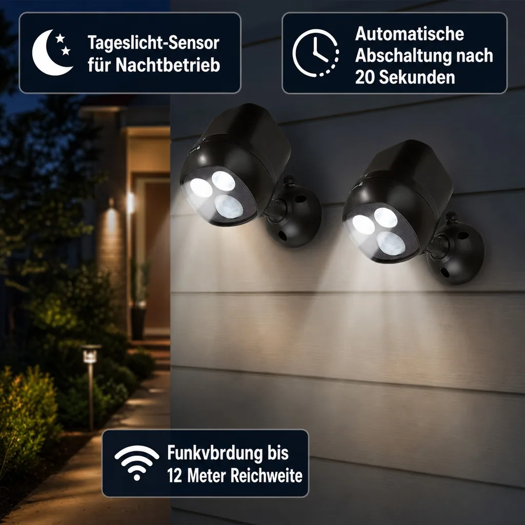 LED-Sicherheitsleuchte mit Funkkopplung, 2 Stück (Batterien nicht enthalten)