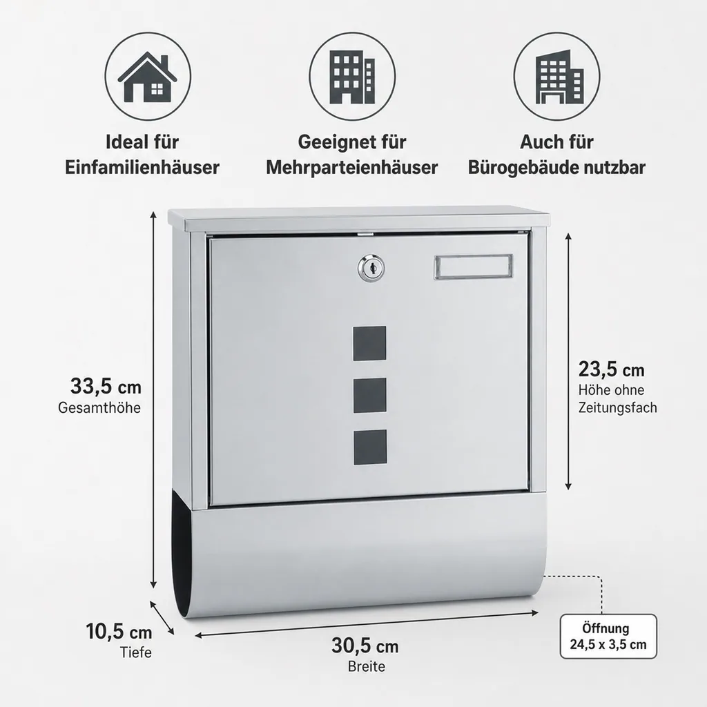 Edelstahl Briefkasten quadratisch, mit Zeitungsfach unten