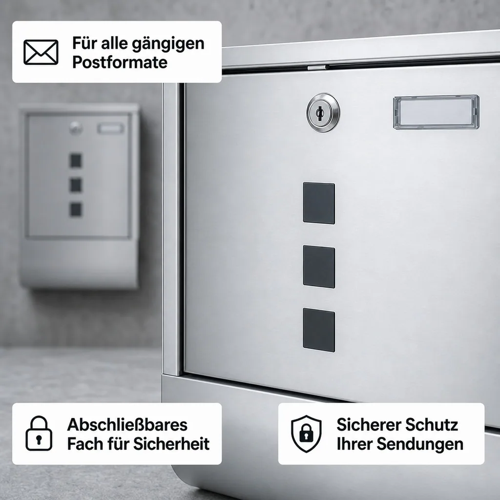 Edelstahl Briefkasten quadratisch, mit Zeitungsfach unten