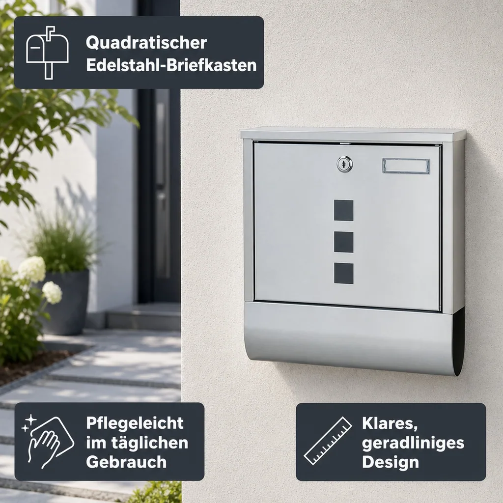 Edelstahl Briefkasten quadratisch, mit Zeitungsfach unten