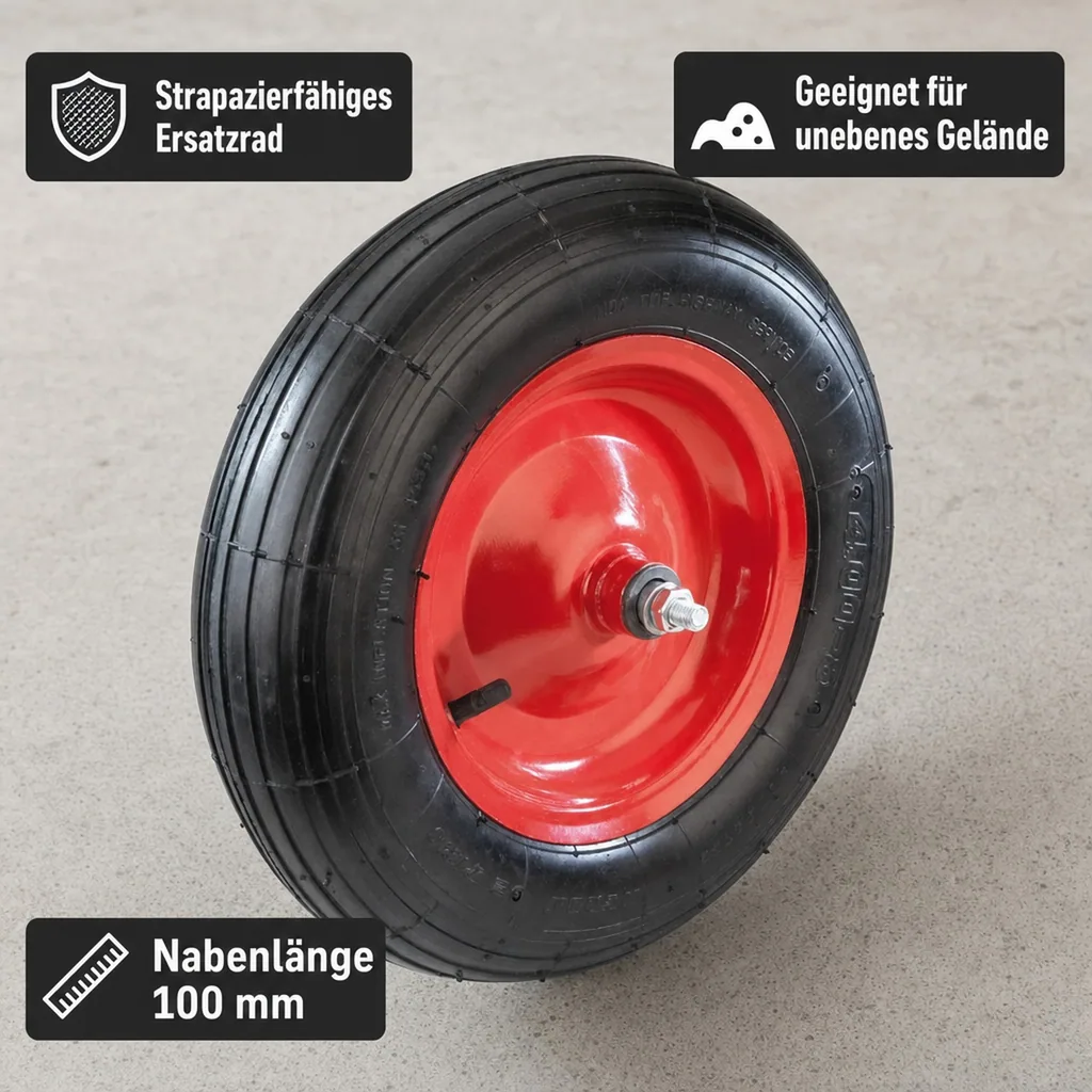 Schubkarrenrad mit Achse, Bohrung 20 mm, Gewinde 12 mm, 1 Stück