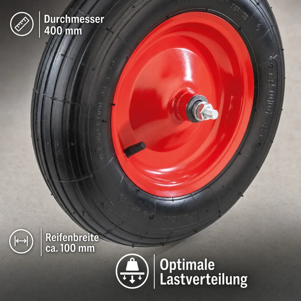 Schubkarrenrad mit Achse, Bohrung 20 mm, Gewinde 12 mm, 1 Stück