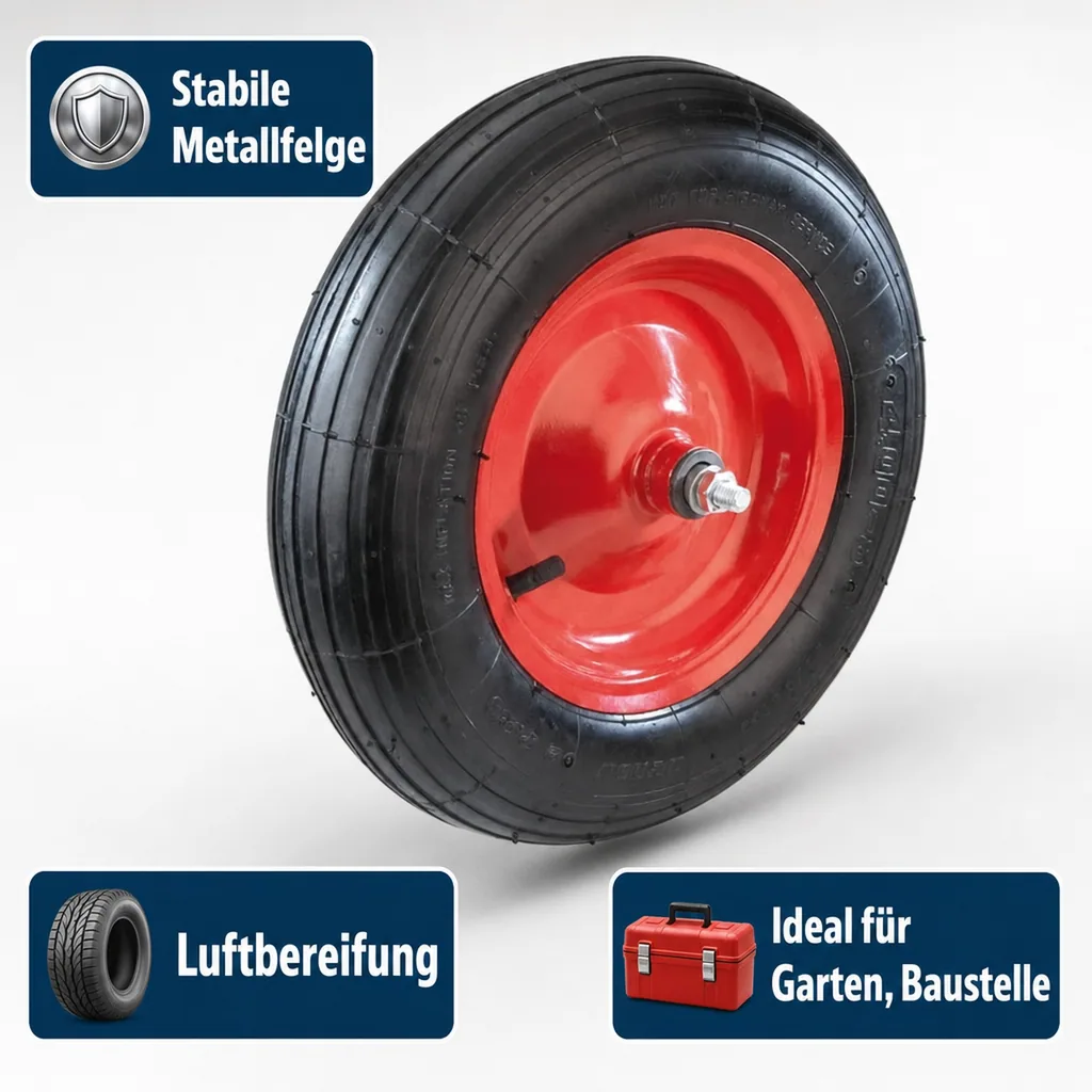 Schubkarrenrad mit Achse, Bohrung 20 mm, Gewinde 12 mm, 1 Stück
