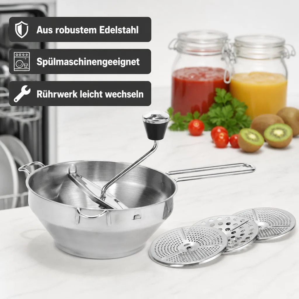 Passiermühle mit 3 Einsätzen, Edelstahl