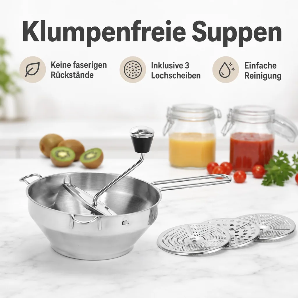 Passiermühle mit 3 Einsätzen, Edelstahl