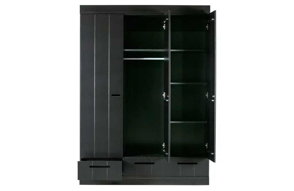 WOOOD - Schrank Connect, 3-türig, mit 3 Schubladen, Kiefer, 195x140x53 cm, Farbe: schwarz