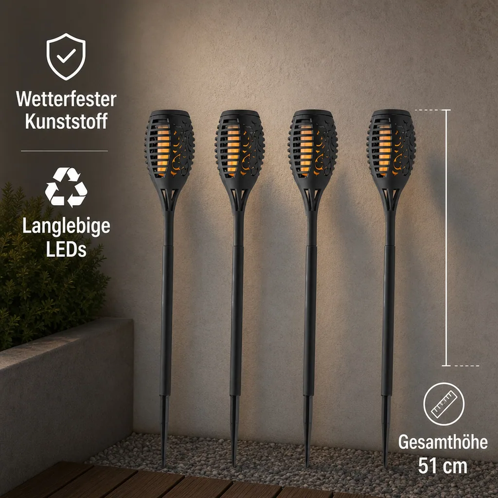 Solar-Gartenstecker "Flame" mit Befestigungshalterung, 4er-Set