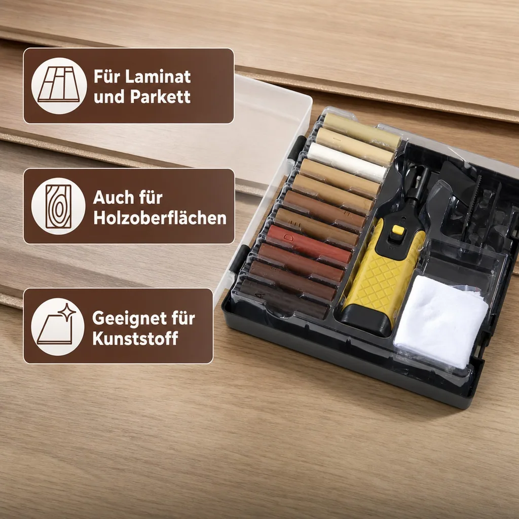 Reparatur-Set für Laminat und Parkett mit 11 Farben Hartwachsstangen
