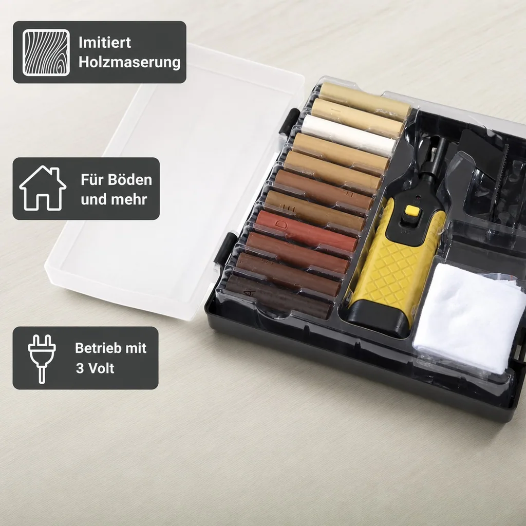 Reparatur-Set für Laminat und Parkett mit 11 Farben Hartwachsstangen