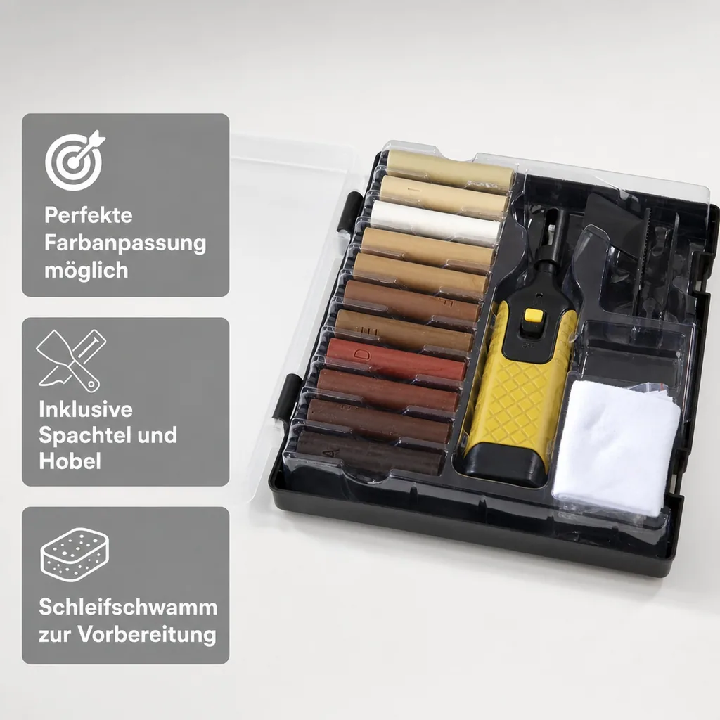 Reparatur-Set für Laminat und Parkett mit 11 Farben Hartwachsstangen