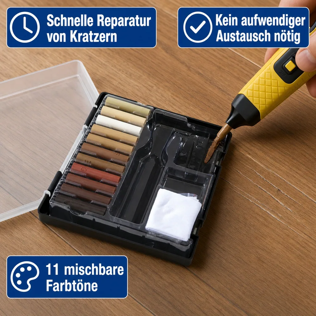 Reparatur-Set für Laminat und Parkett mit 11 Farben Hartwachsstangen