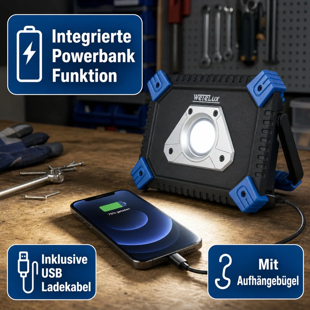 LED Akku Fluter 20 Watt COB mit Powerbank