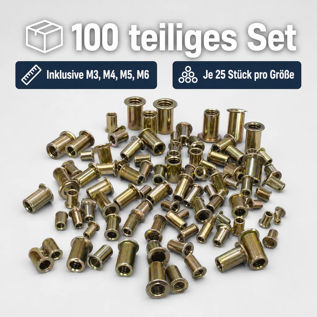 Blindnietmuttern Set 100 tlg.- M3, M4, M5, M6 je 25 Stück