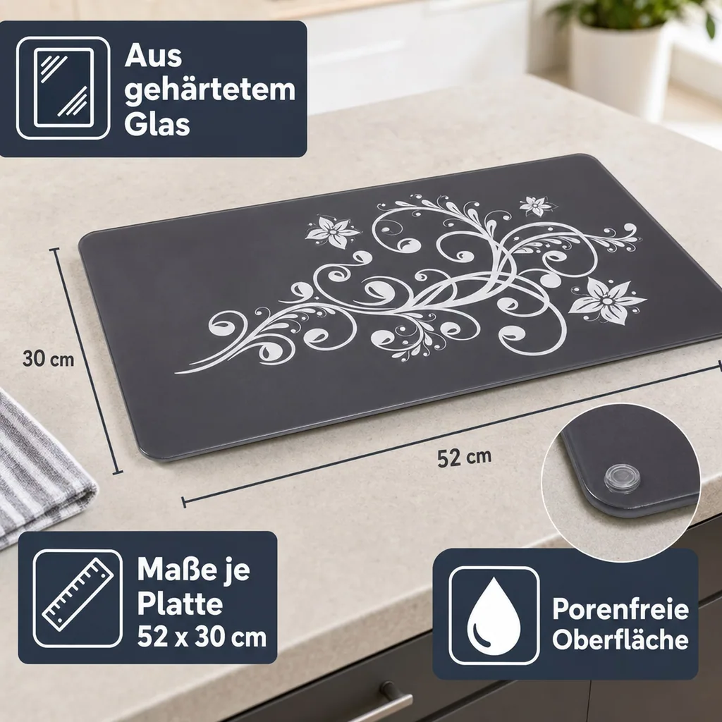 3 in 1 Herd-Abdeckplatten, Schneidbretter, „Nero“, aus Glaskeramik, Ornament-Design, 52 x 30 cm, 2er-Set