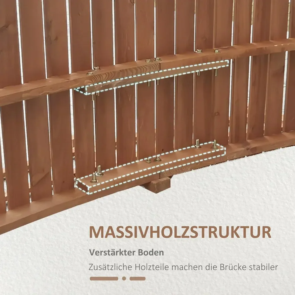 Gartenbrücke 1,5 m Holzbrücke begehbar Holzsteg Teichbrücke Zierbrücke mit Geländer Seil bis 200 kg Massivholz Natur