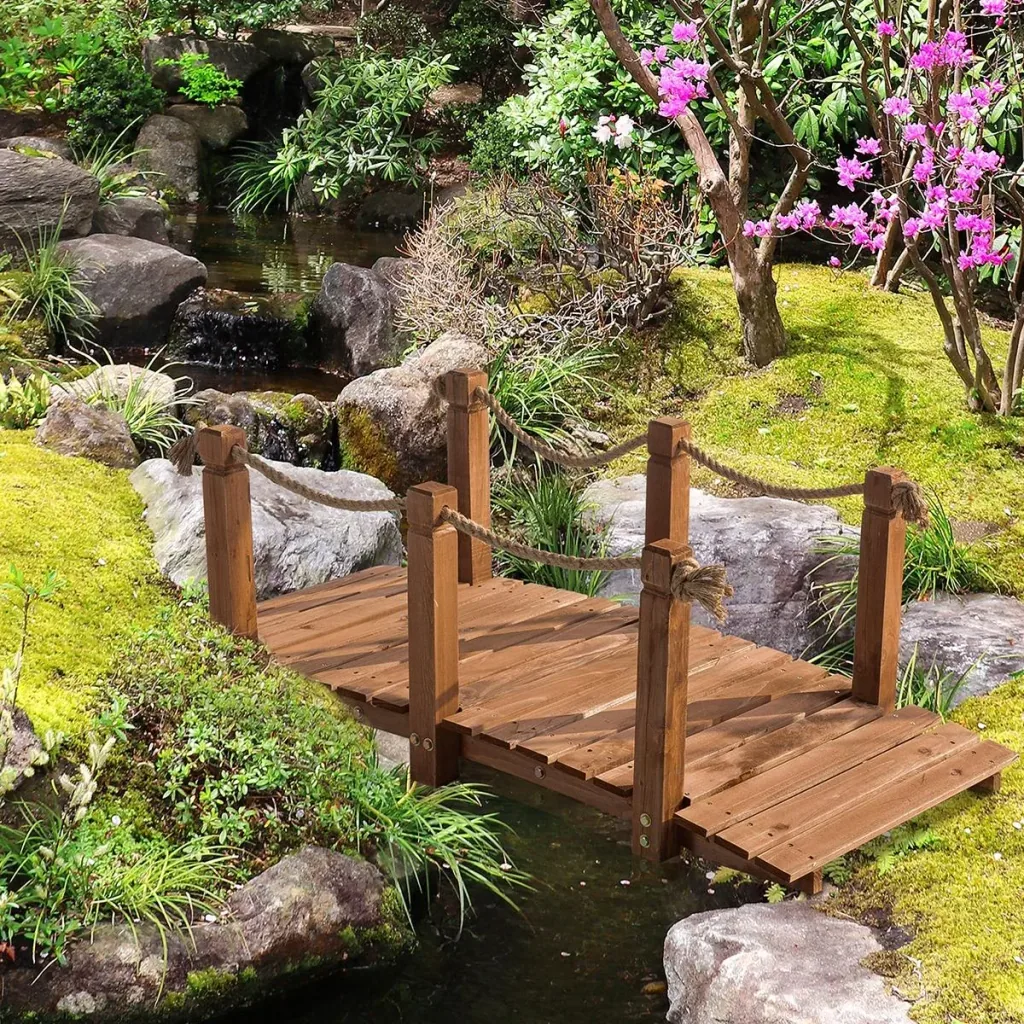 Gartenbrücke 1,5 m Holzbrücke begehbar Holzsteg Teichbrücke Zierbrücke mit Geländer Seil bis 200 kg Massivholz Natur