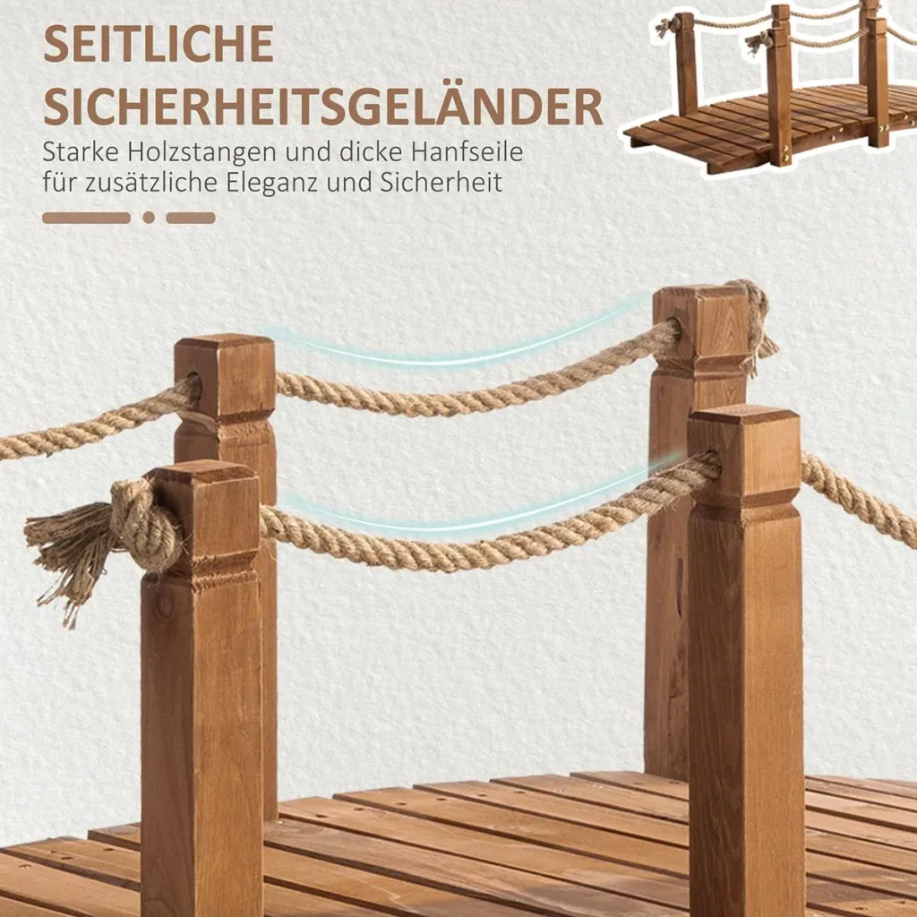 Gartenbrücke 1,5 m Holzbrücke begehbar Holzsteg Teichbrücke Zierbrücke mit Geländer Seil bis 200 kg Massivholz Natur