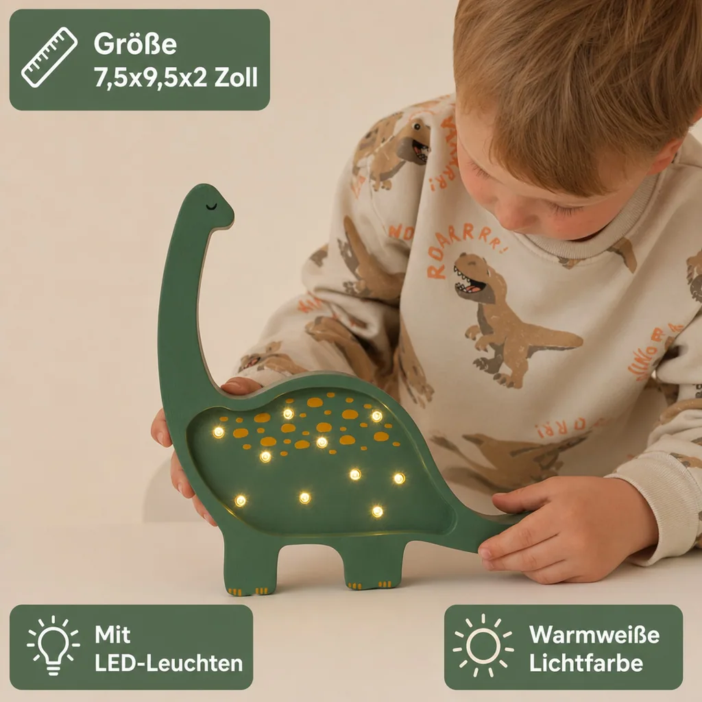 Little Lights Nachtlicht Kinder, Nachtlampe Mini-Dinosaurier - 100% Kiefernholz natur, Farbe: Militärgrün