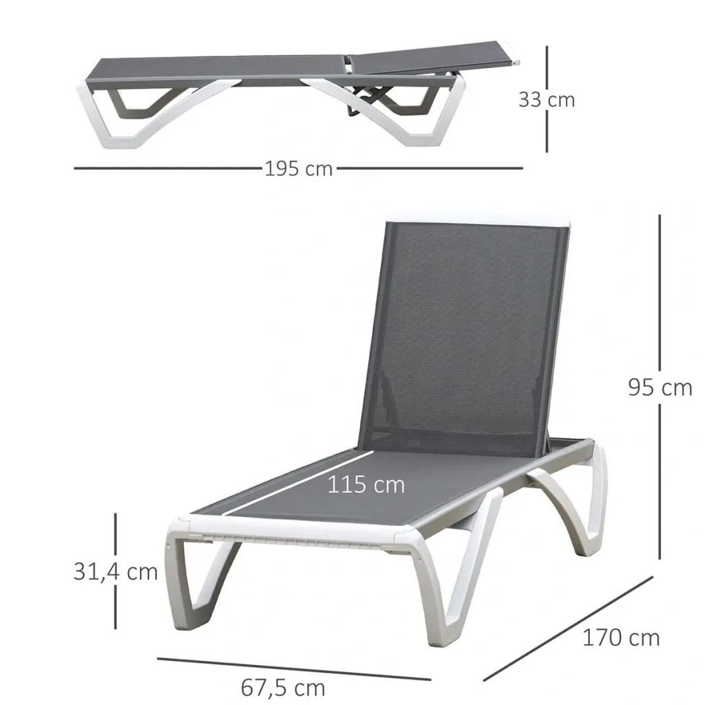 Gartenliege Alu Sonnenliege Stoffliege Relaxliege 5-fach verstellbar ergonomisch Texteline Grau+Weiß 170 x 67,5 x 95 cm