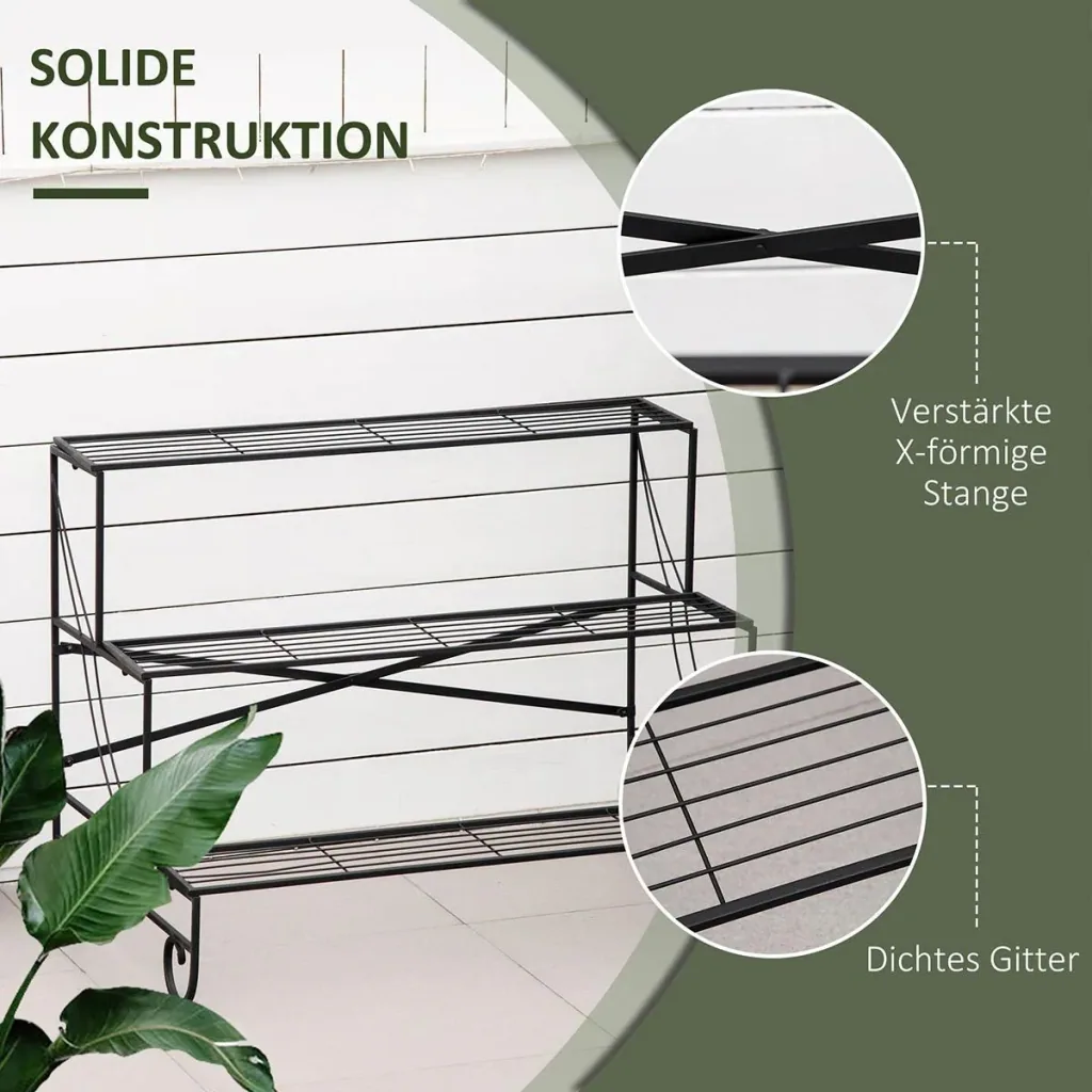 Blumenregal aus Metall 3 Stufen Pflanzenregal für innen und außen Garten Balkon Schwarz 95 x 63 x 72 cm