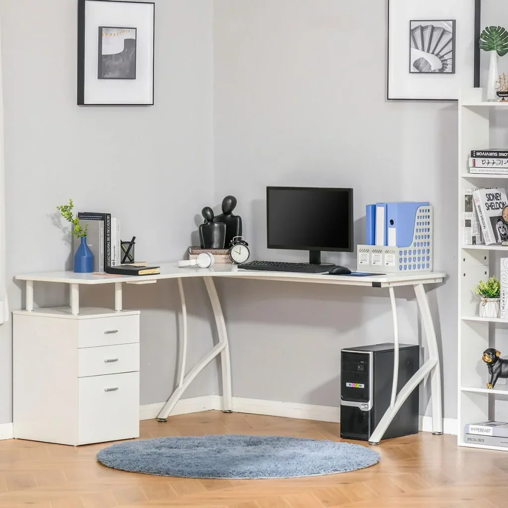 L-förmiger Schreibtisch mit Schubladen aus der Material MDF Metall Home-Office-Ecke Arbeitsplatz Industriestil, Weiß 143