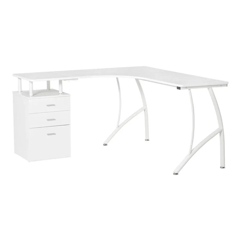 L-förmiger Schreibtisch mit Schubladen aus der Material MDF Metall Home-Office-Ecke Arbeitsplatz Industriestil, Weiß 143