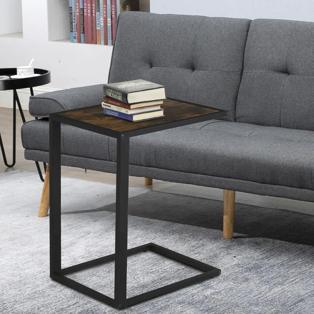Beistelltisch in C-Form Kaffeetisch Couchtisch Standtisch Tisch Metall MDF Rustikal-Braun 40,6 x 50,8 X 64,2 cm