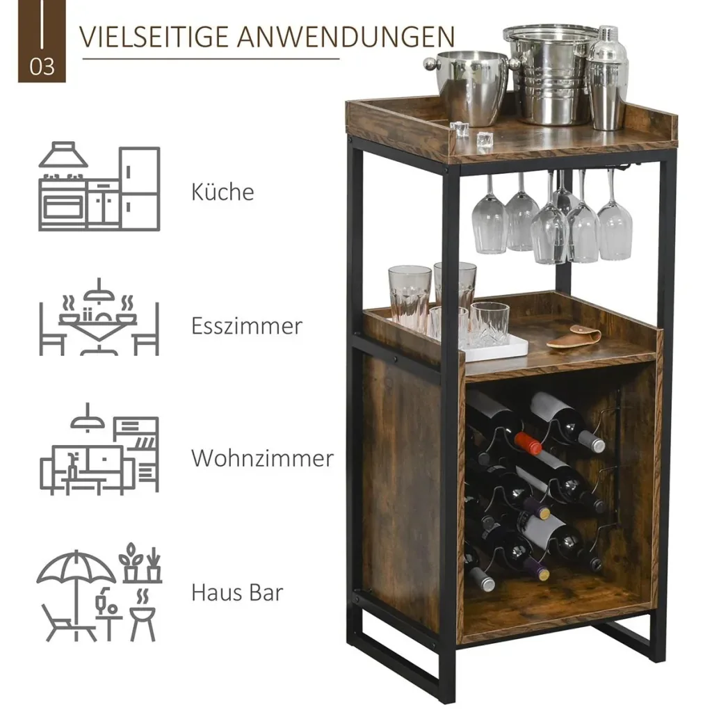 Weinregal 9 Flaschen-Weinschrank Flaschenregal mit 2 offenen Regalen und Glashalter Schwarz+Braun 52 x 40 x 113 cm