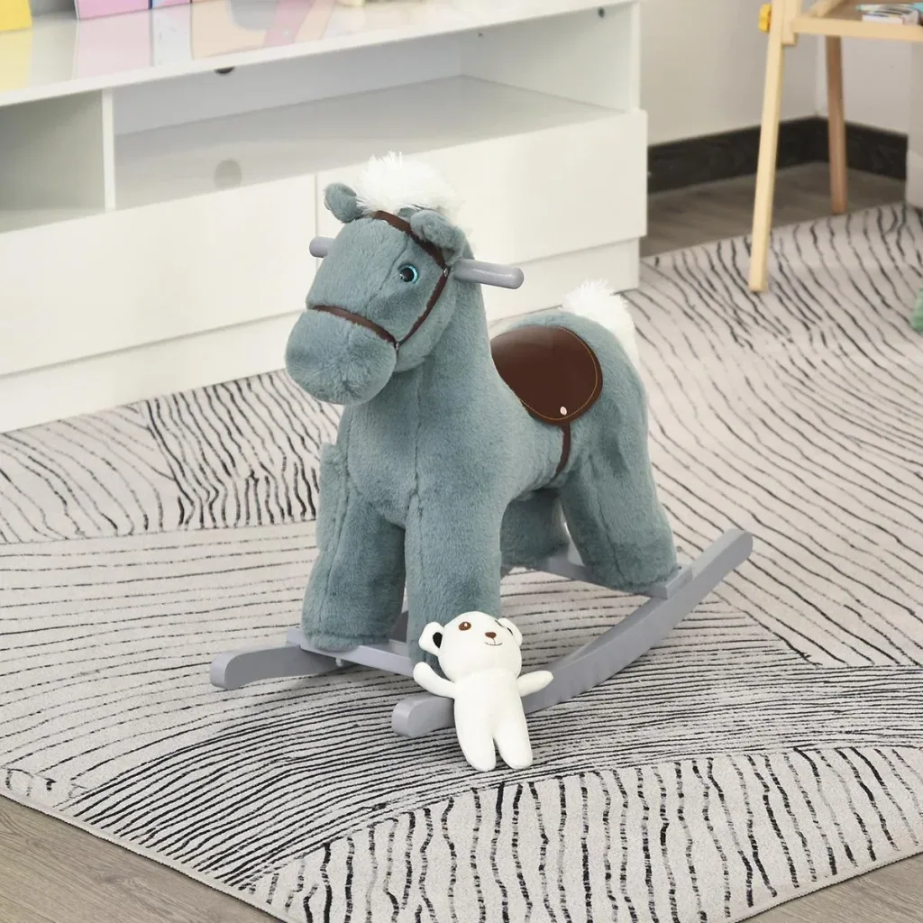 Kinder Schaukelpferd Baby Schaukeltier mit Tiergeräusche Spielzeug Haltegriffe für 18-36 Monate Plüsch Blau 65 x 26 x 55