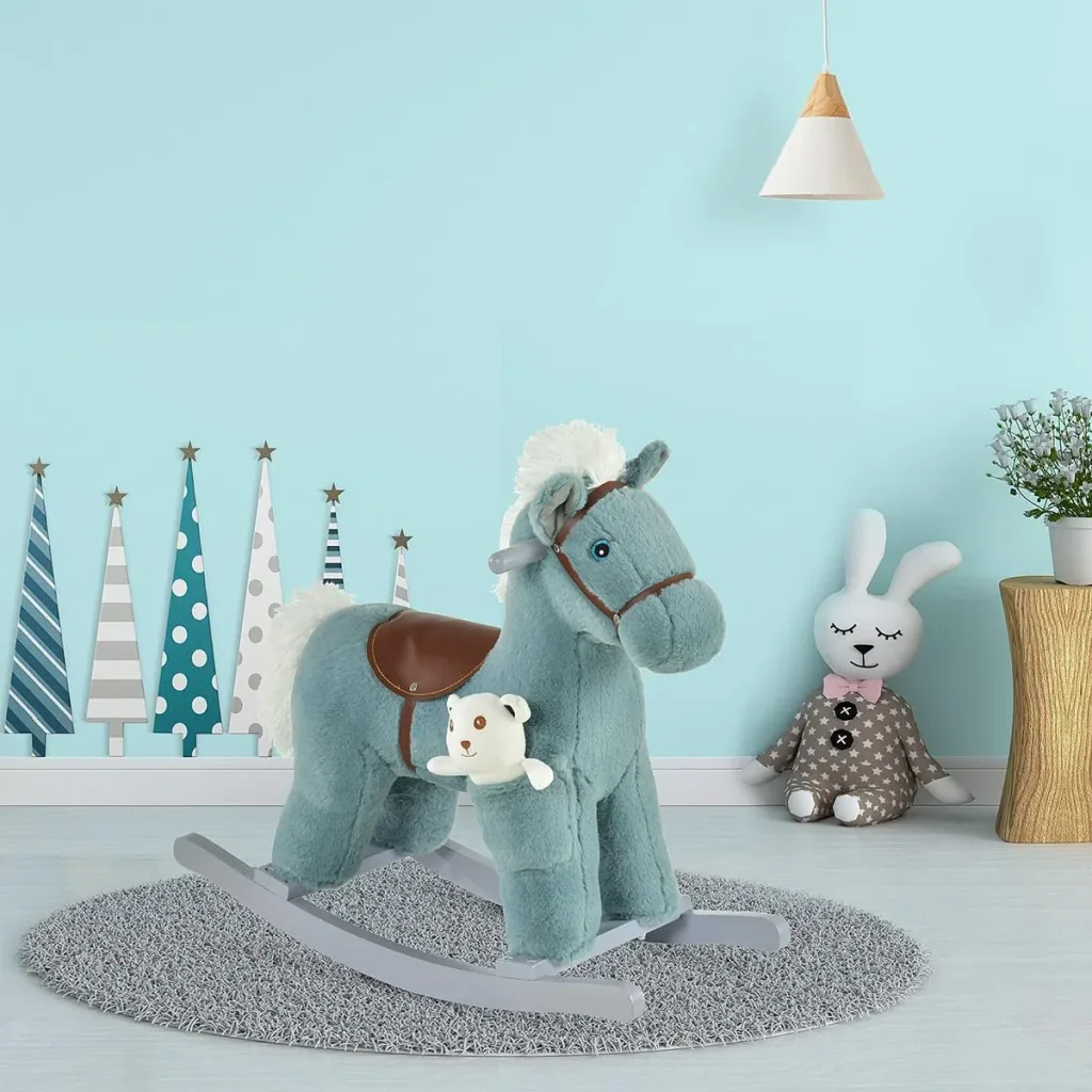 Kinder Schaukelpferd Baby Schaukeltier mit Tiergeräusche Spielzeug Haltegriffe für 18-36 Monate Plüsch Blau 65 x 26 x 55
