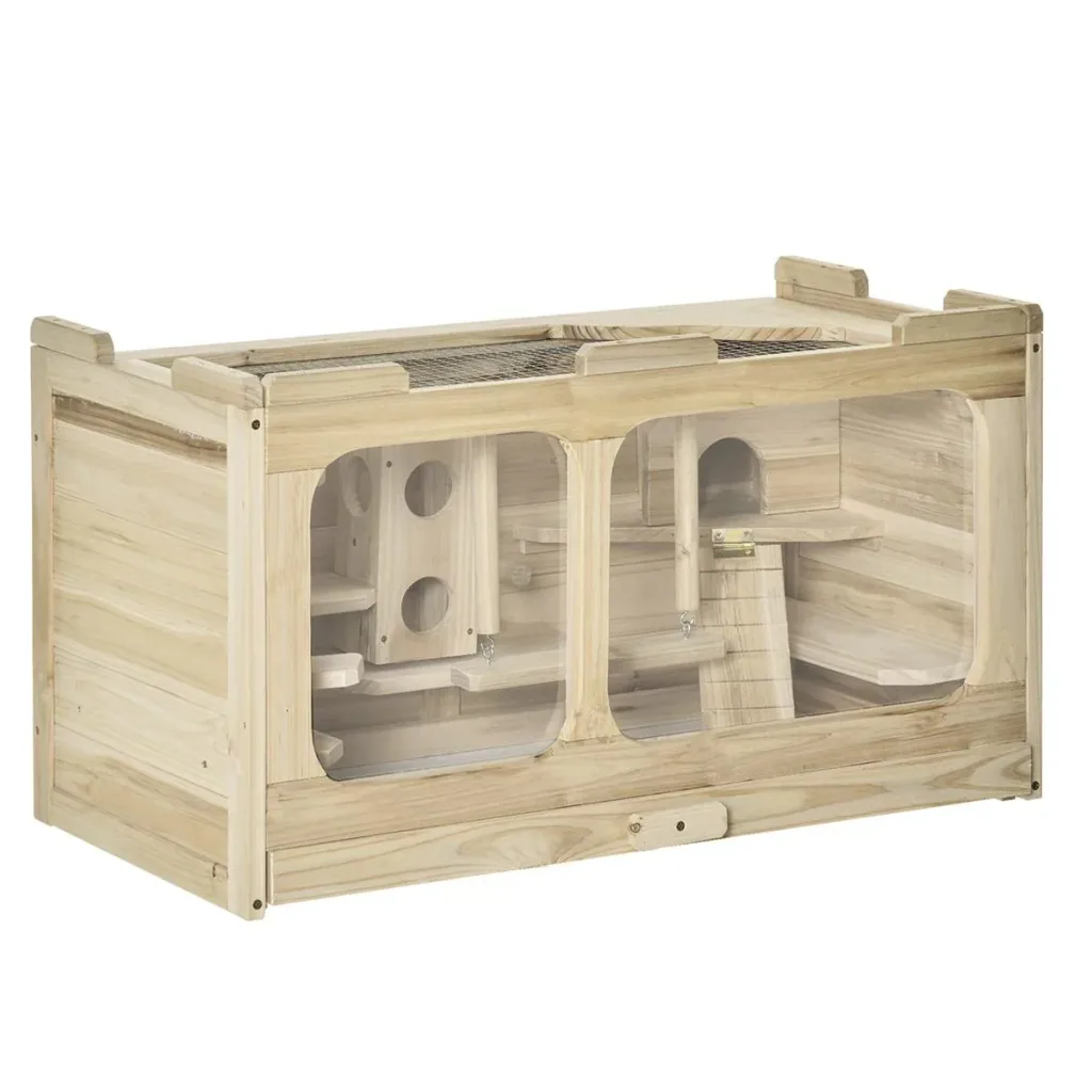 Hamsterkäfig Holz Nagerkäfig Mäusekäfig mit Rampe Schaukel Nagervilla Oben aufklappbar Massivholz PS Natur 78 x 40 x 44