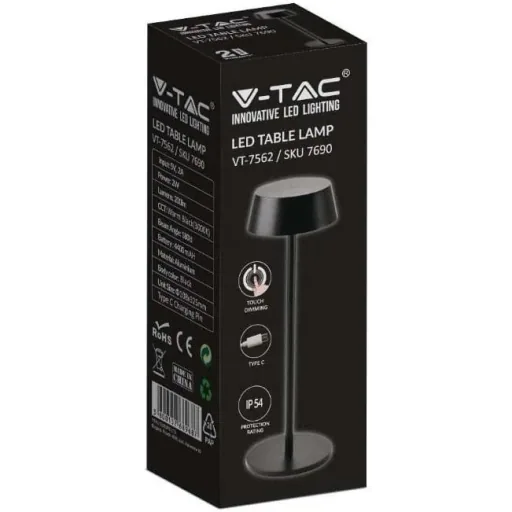 VT-7562 Tischleuchte - 3000K - Dimmbar über Touch - Wiederaufladbar - Schwarz