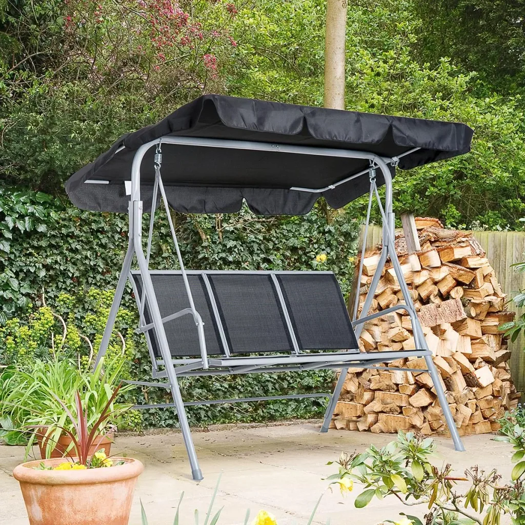 Hollywoodschaukel 3-Sitzer Gartenschaukel Schaukelbank mit Dach Metall Schwarz+Silber 171 x 108 x 154 cm