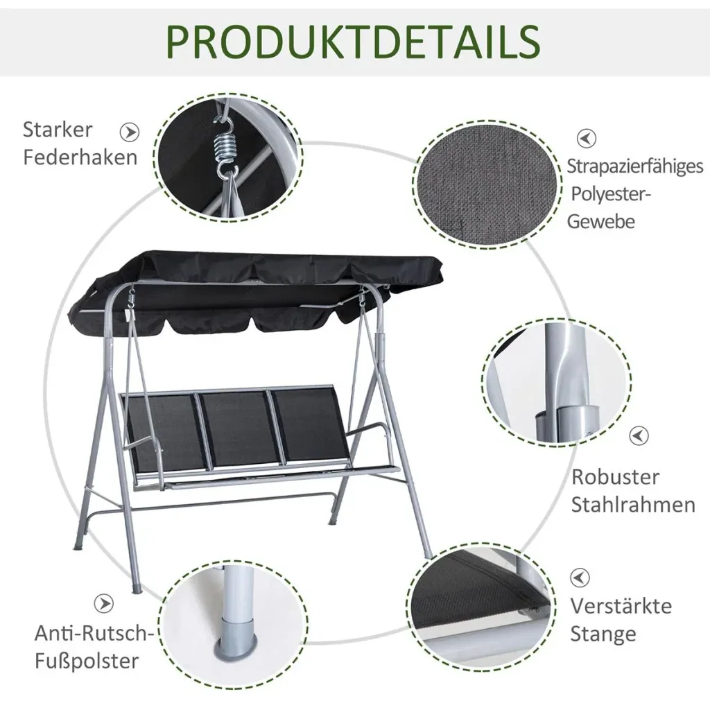 Hollywoodschaukel 3-Sitzer Gartenschaukel Schaukelbank mit Dach Metall Schwarz+Silber 171 x 108 x 154 cm