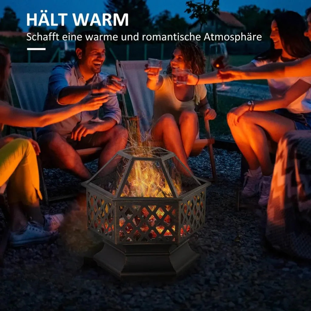 Feuerschale Feuerstelle mit Funkenschutz & Grillrost Feuerkorb Outdoor für Heizung BBQ Garten Terrase vintage Metall Bro