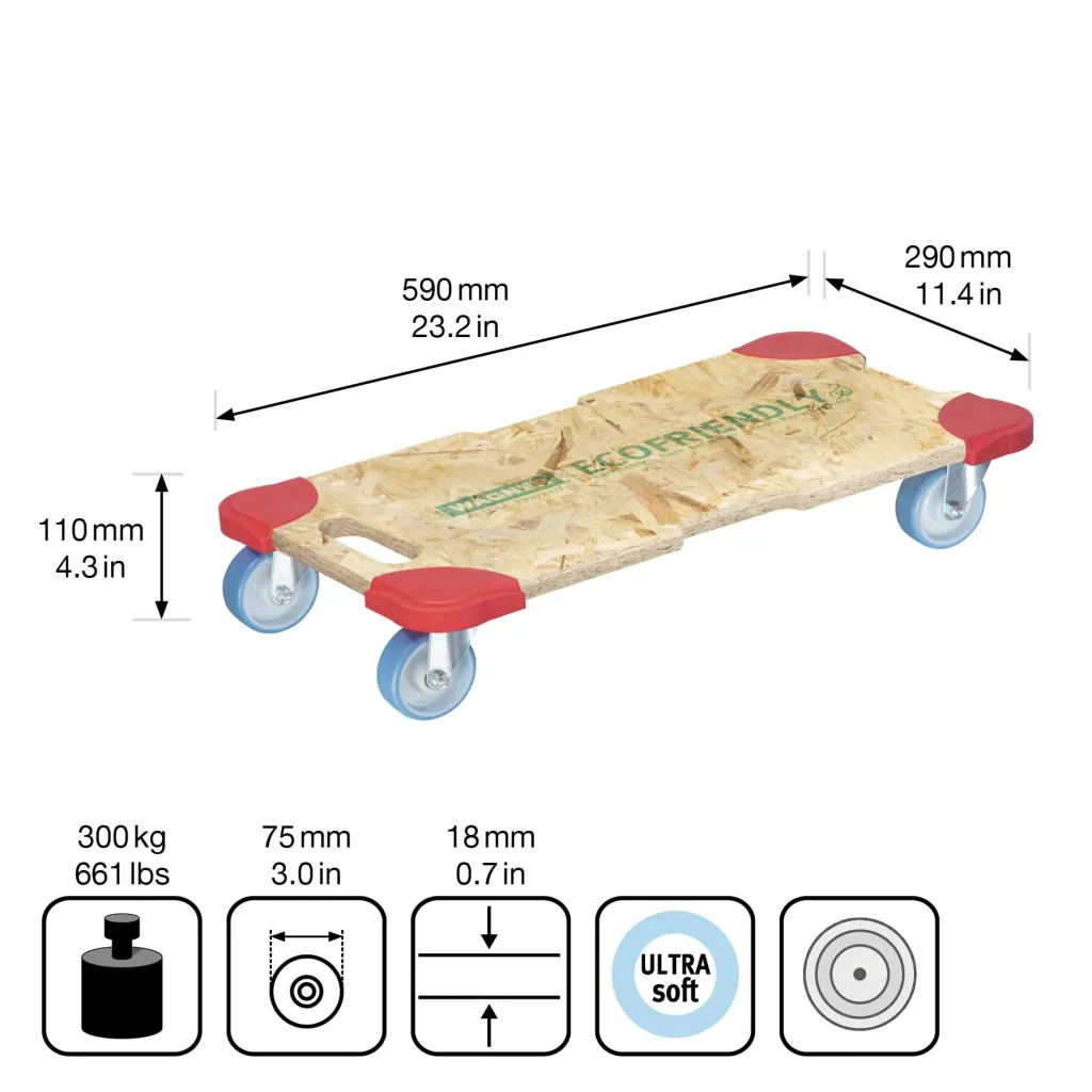 Transporthilfe MM 1322, 59 x 29 x 11 cm, softe Rollen Ø 75 mm, Gleitlager, OSB Platte, CO2-neutral, Tragkraft 250 kg