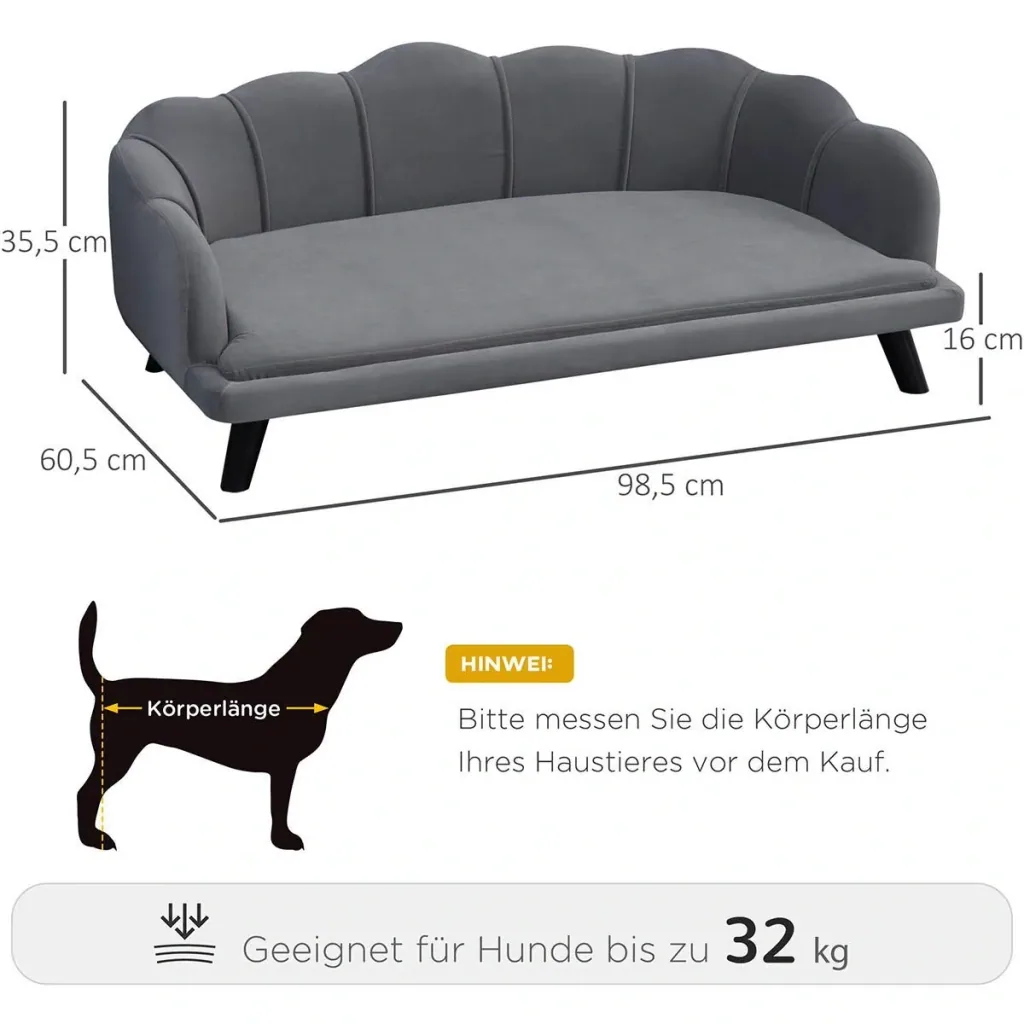 Hundesofa mit Rückenlehne Haustiersofa mit Holzbeinen Hundebett Weichem Bezug, Katzensofa Dunkelgrau 98,5x60,5x35,5 cm