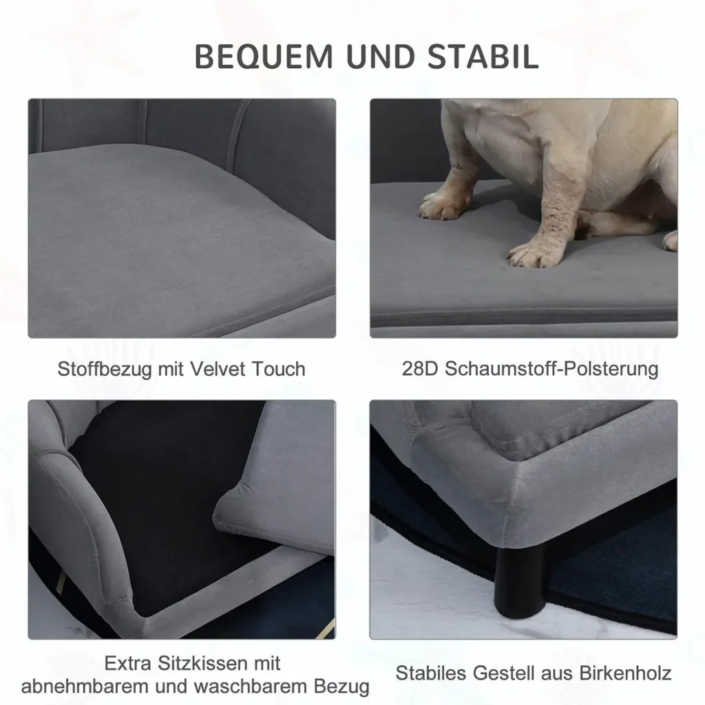 Hundesofa mit Rückenlehne Haustiersofa mit Holzbeinen Hundebett Weichem Bezug, Katzensofa Dunkelgrau 98,5x60,5x35,5 cm
