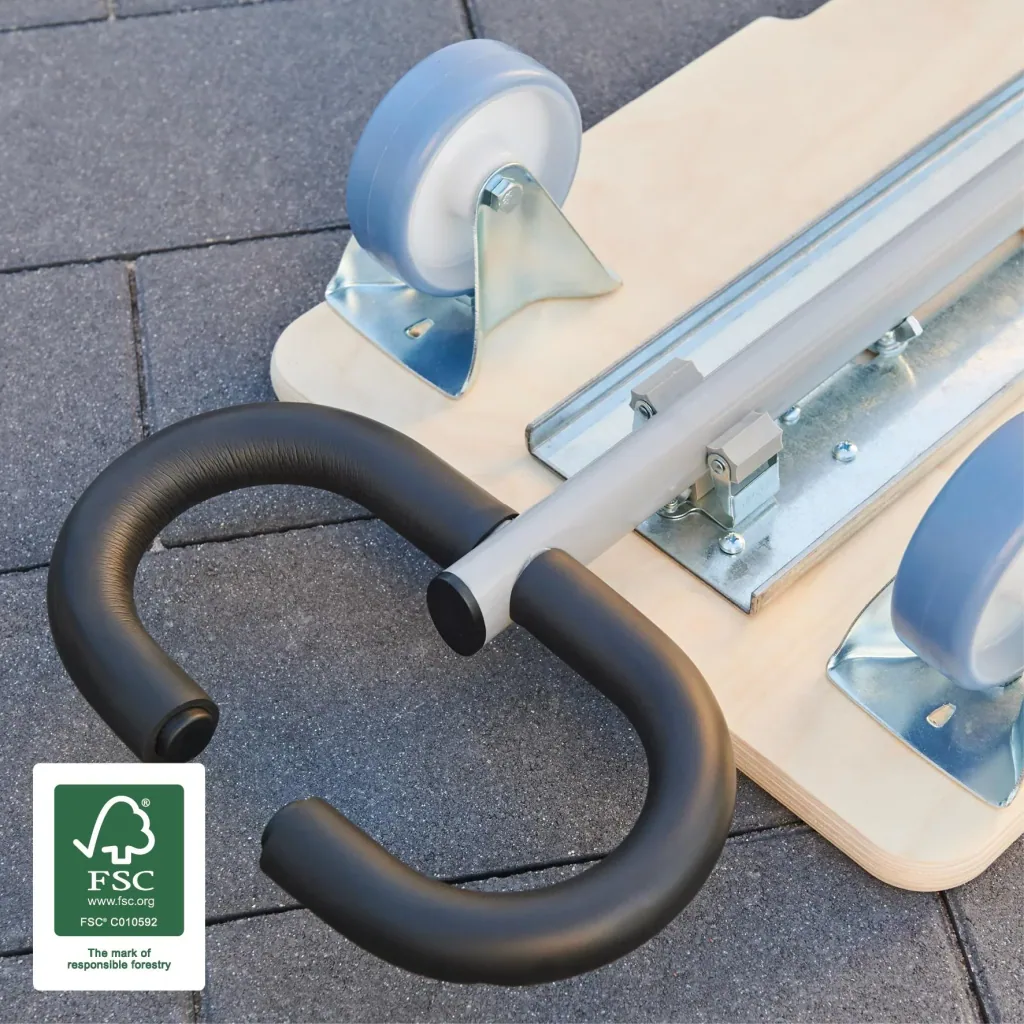 Transporthilfe MM 1333, 74-101 x 37 x 14,5 cm, softe Rollen Ø 100 mm, Rollenlager, 2 Bremsen, FSC®, Tragkraft 200 kg