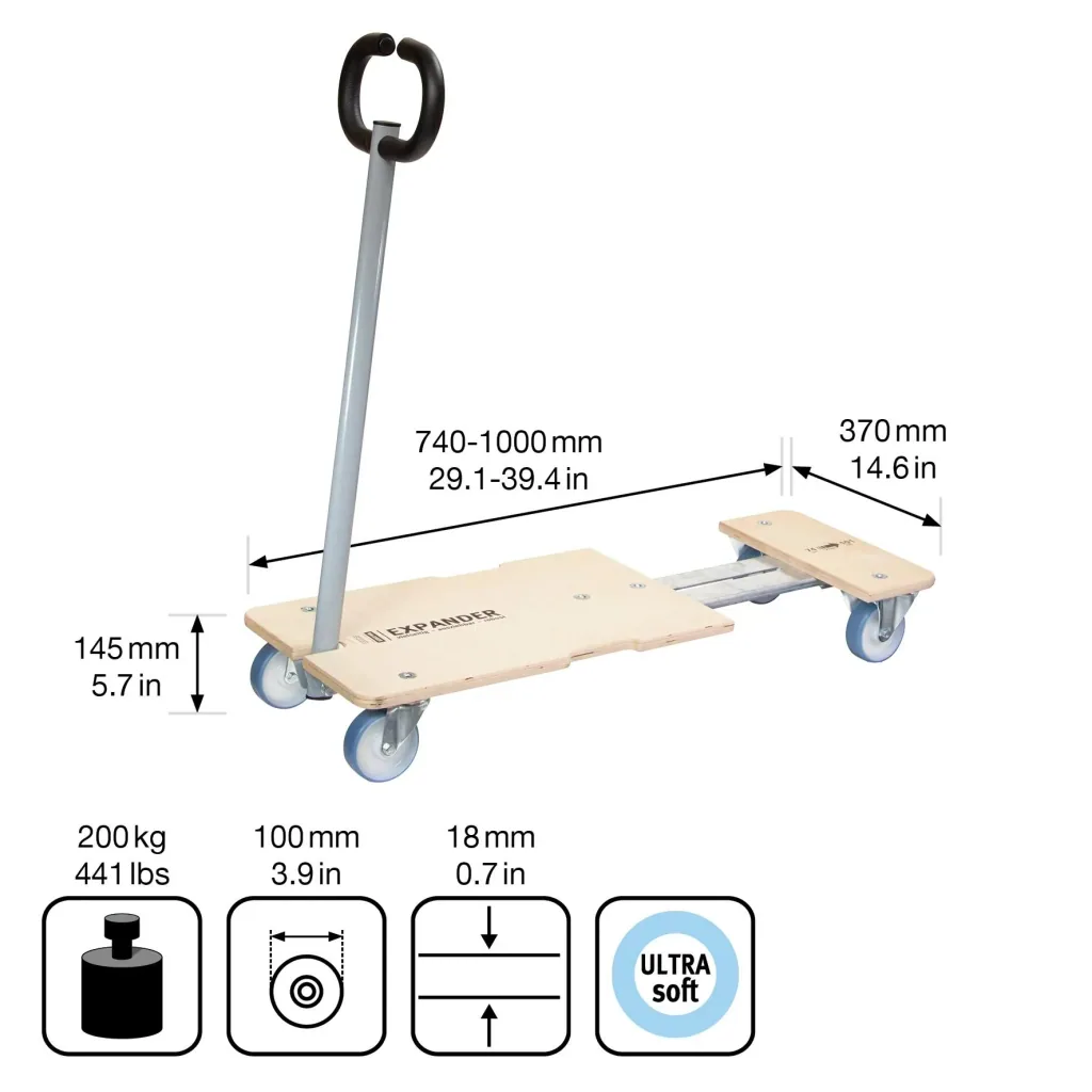 Transporthilfe MM 1333, 74-101 x 37 x 14,5 cm, softe Rollen Ø 100 mm, Rollenlager, 2 Bremsen, FSC®, Tragkraft 200 kg