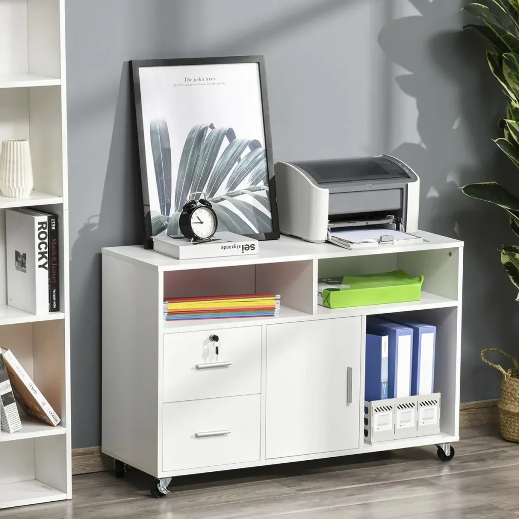 Bürocontainer mit Rollen, Aktenschrank, Büroschrank, Druckertisch mit 2 Schubladen, Aufbewahrung von Akten, Spanplatte,