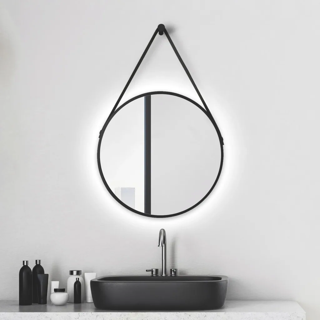 Dekorativer runder Wandspiegel mit indirekter LED Beleuchtung in schwarz matt Ø 50 cm