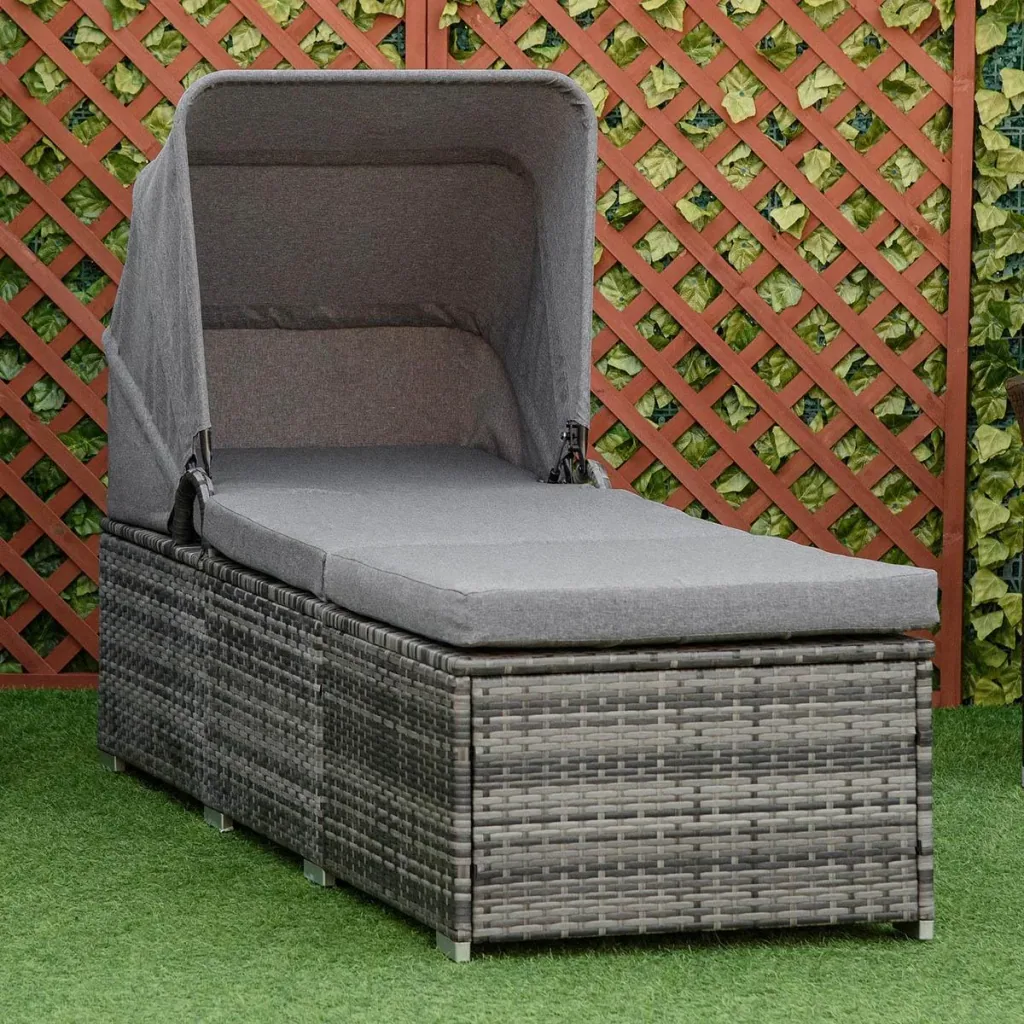 Sonnenliege aus Polyrattan mit Sonnendach Gartenliege verstellbar Rattanliege Gartenmöbel Liege mit Kissen Grau 195 x 65