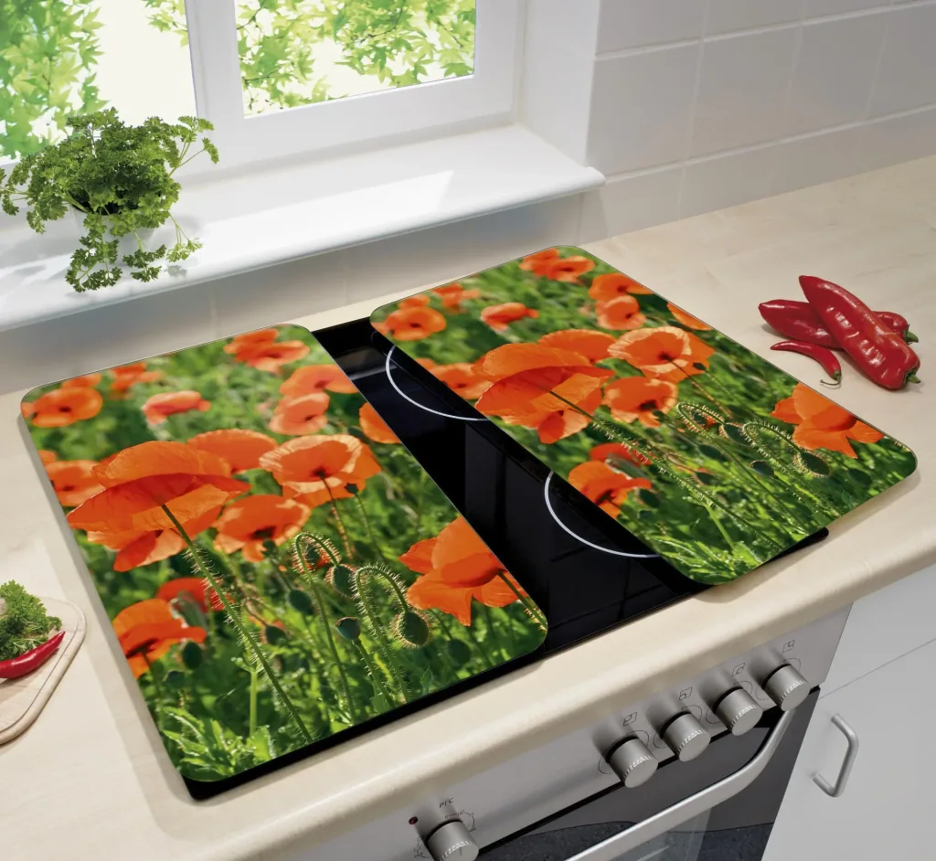 3 in 1 Herd-Abdeckplatten, Schneidbretter, Arbeitsplatten, Glas, Mohnblumen-Design, je 52 x 30 cm, 2er-Set