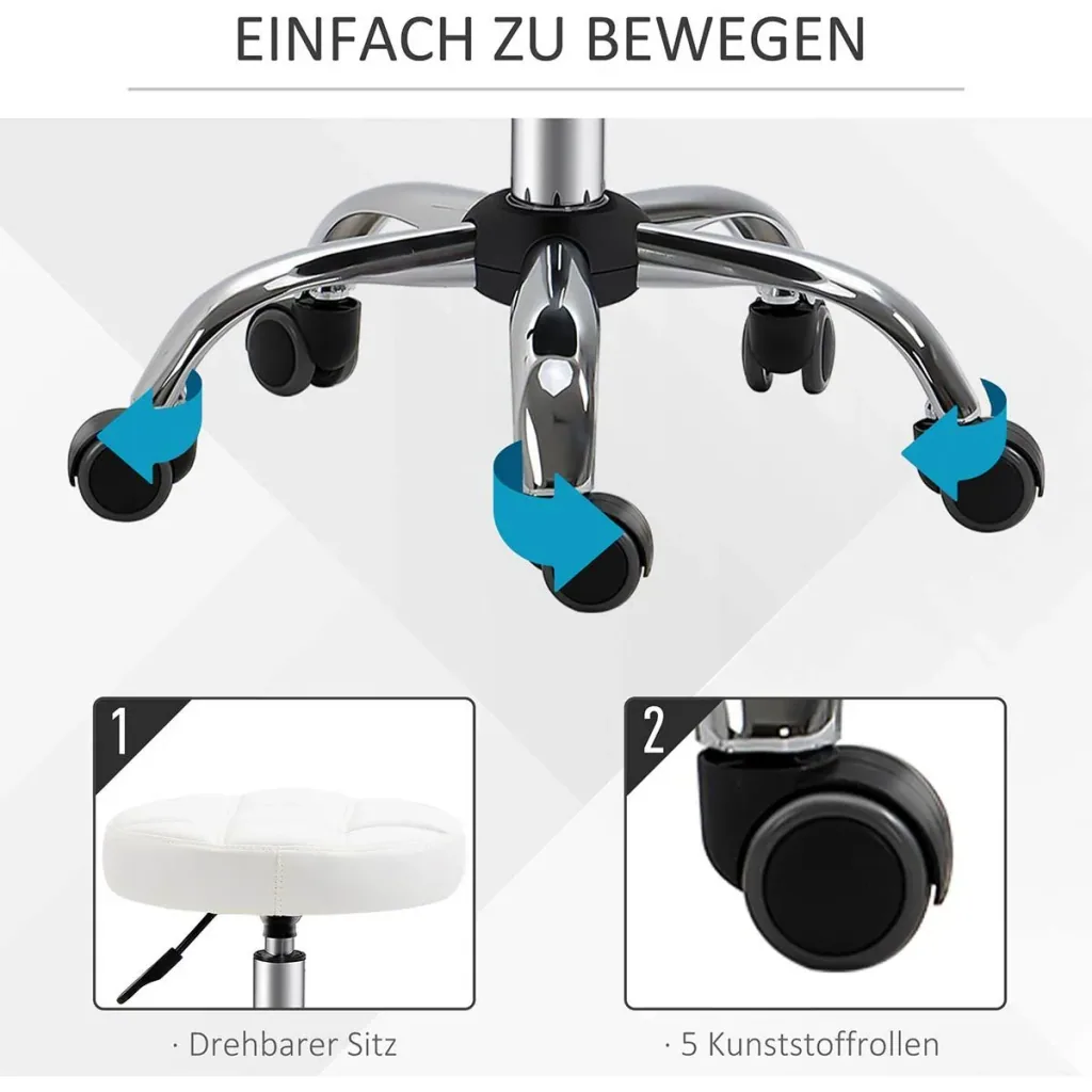 2er-Set Rollhocker Drehhocker mit Rädern Arbeitshocker höhenverstellbar drehbar Salon Hocker Salonstühle Kunstleder Weiß