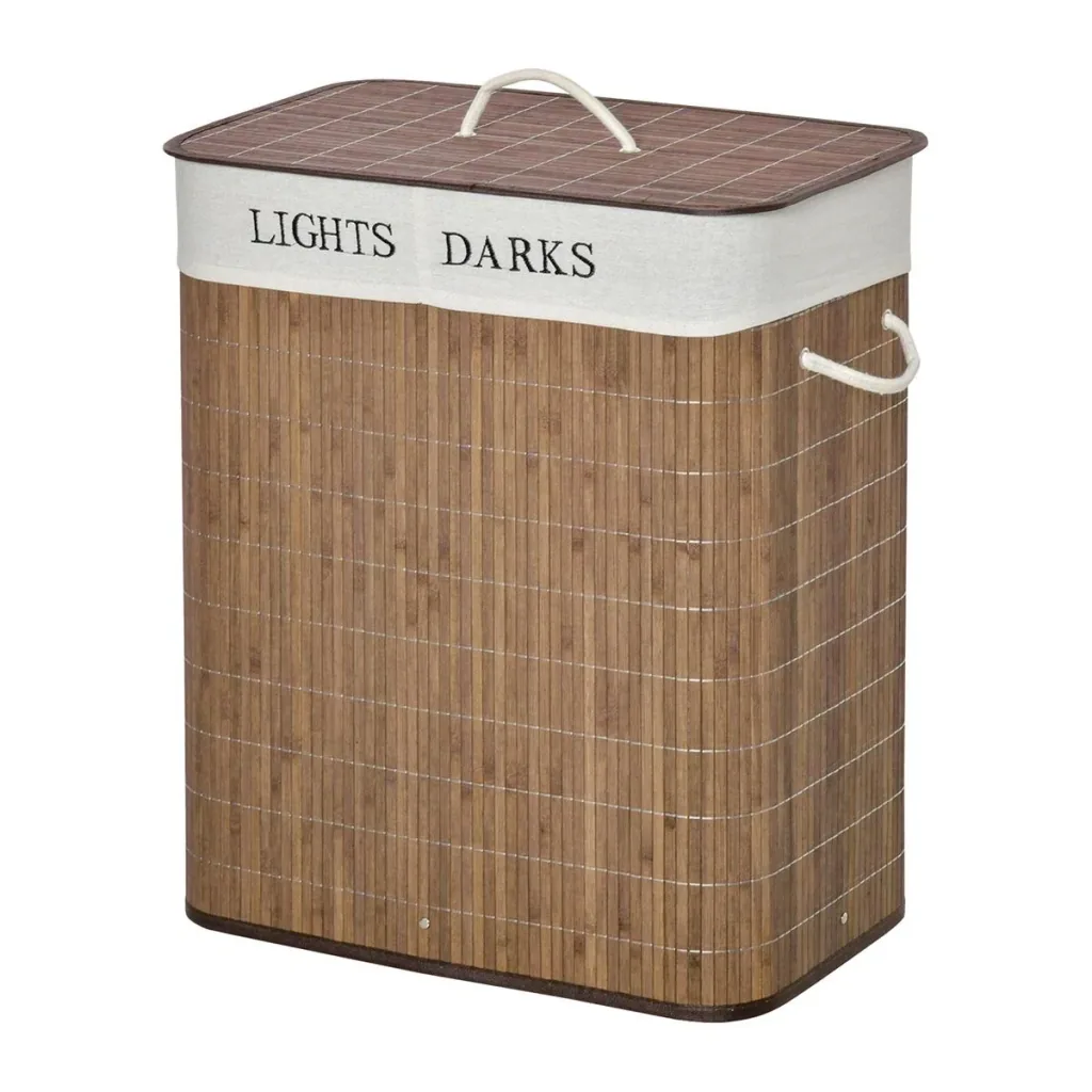 100L Wäschekorb Wäschebox Wäschesammler mit 3 Griffe abnehmbar Bambus Polyester Baumwolle Metall Braun+Weiß 52 x 32 x 63