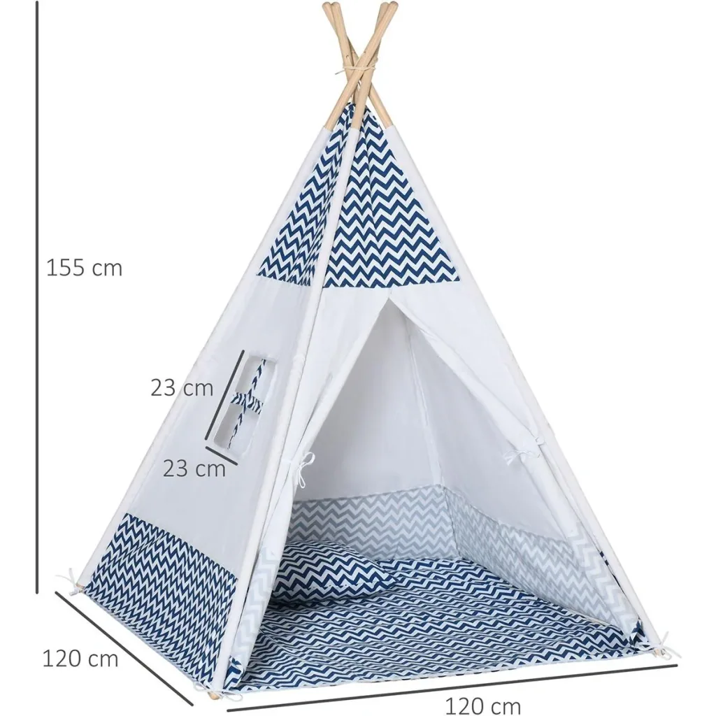Tipi-Zelt für Kinder - inkl. Bodenmatte und Kissen - Blau/Weiß - 120 x 120 x 155 cm