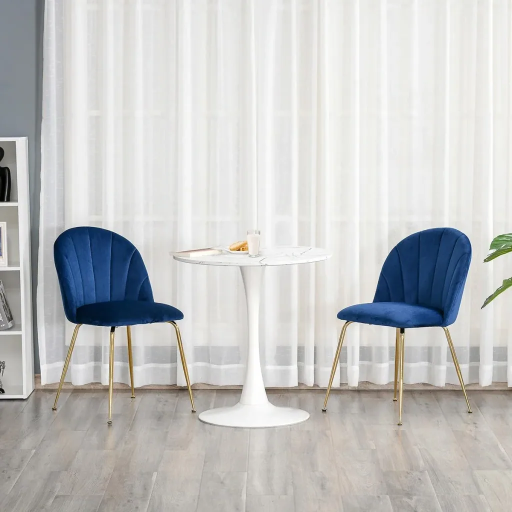 2er-Set Küchenstühle Esszimmerstühle mit Rückenlehne Polyester-Gewebe Metallbeine Blau+Gold 52 x 52 x 81 cm Küchenstuhl