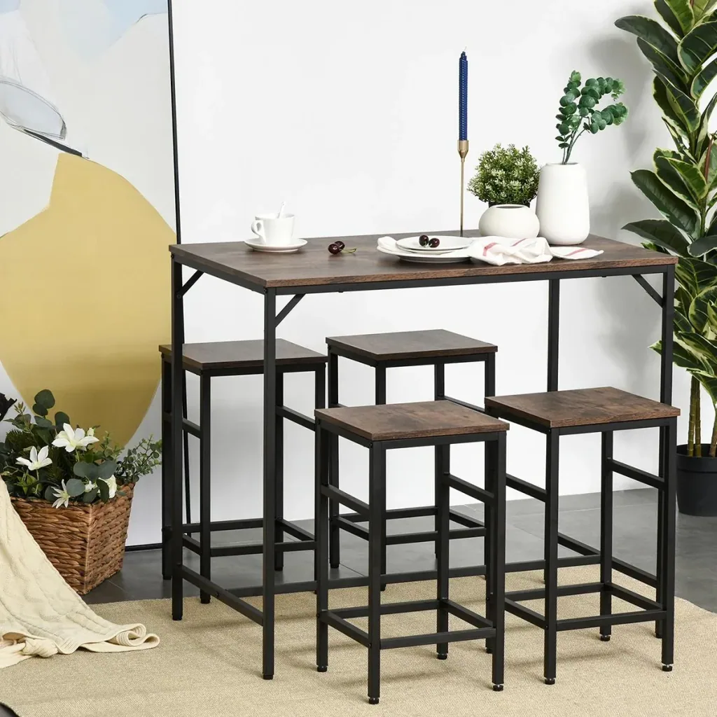 Bartisch-Set Stehtisch mit 4 Barhockern 5-teiliges Tischset Küchentresen Spanplatte Stahl Rustikales Braun+Schwarz 100 x